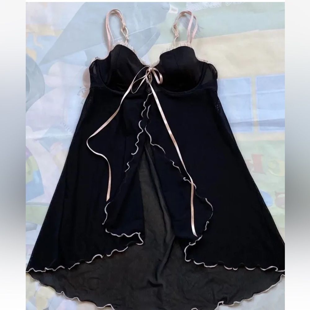 VTG Victoria’s Secret Black Mesh Sheer Babydoll Pink Trim Open FrontSize M - Picture 13 of 13
